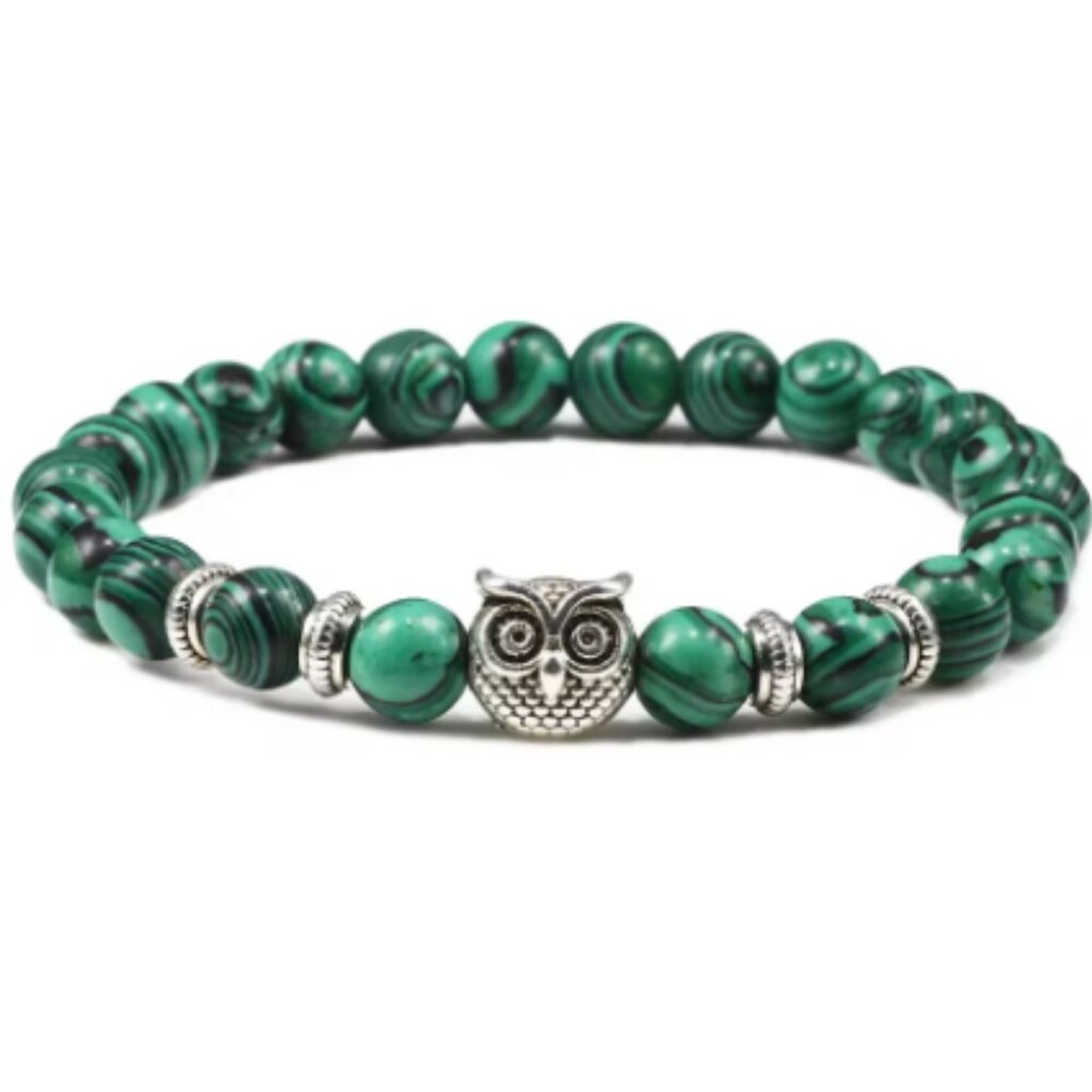 Owl Bracelet,Green Stone Bracelet,Owl Stone Bracelet,8mm Beads